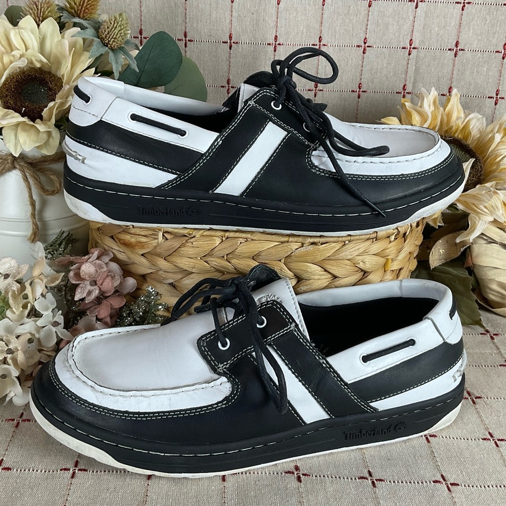 Timberland Boat Shoes Mens Size 11.5 Black & White Leather Deck Shoes PreLoved